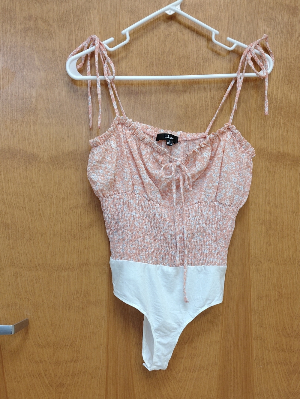 Lulu's My Very Best Peach Floral Print Smocked Tie-Strap Bodysuit